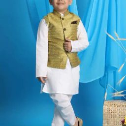 VASTRAMAY Boys Yellow & White Self Full Sleeves Kurta Sets-picture-30