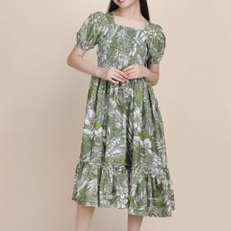 YK Girls Printed Puff Sleeves Fit & Flare Smocked Dress-picture-26