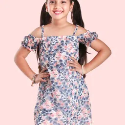 Kiddopanti Girls Off White & Navy Floral Print Dress-image-84