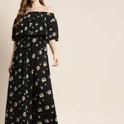 Qurvii Black Floral Print Maxi Dress-image-50
