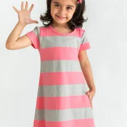 Campana Kids Rose Pink & Grey Cotton Striped Dress-image-75