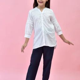 Juniper Girls White & Navy Self Design Shirt With Pants-image-54