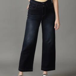 SHOWOFF Dark Navy Distressed Straight Fit High Rise Jeans-image-58