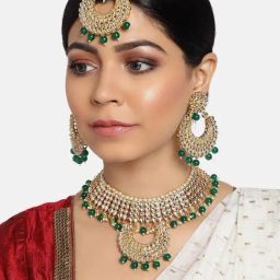 Zaveri Pearls Green Beads Bridal Kundan Necklace, Earring & Maangtikka Set-ZPFK9846-image-69