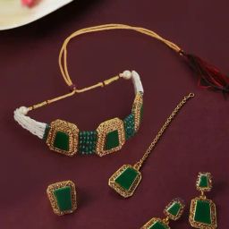 Zaveri Pearls Green Stone & Beads Necklace, Earring, Maangtikka & Ring Set-ZPFK10813-image-102