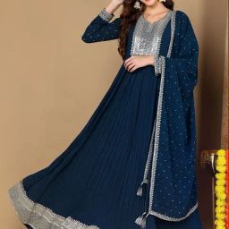 Vaamsi Teal Georgette Embroidered Anarkali Kurta With Dupatta-picture-44