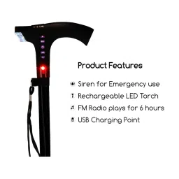 MCP Jindal Smart Walking Stick with FM Radio, Siren and Torch (Black) image 3