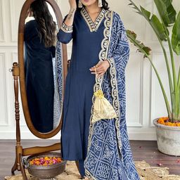 URMIR FASHION Women Floral Embroidered V-Neck Straight Kurta with Trousers & Dupatta-picture-14
