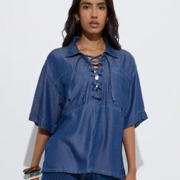 LOV by Westside Dark Blue Criss-Cross Detailed Chambray Top-image-98