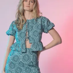 VIRGIO Green Cotton Geometric Short Sleeves Top-picture-37