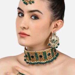 Zaveri Pearls Green Traditional Choker Necklace Earring Maangtikka & Ring Set-ZPFK10812-image-98
