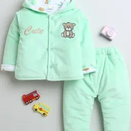Bumzee Girls Green & White Embroidered Full Sleeves Hooded Sweatshirt With Pants-image-12