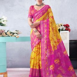 Satrani Yellow & Pink Printed Saree With Unstitched Blouse-picture-0
