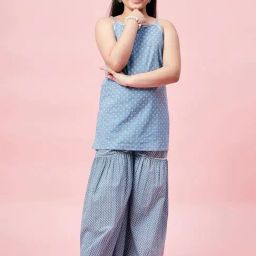 StyloBug Girls Blue Cotton Printed Kurti Set-image-29