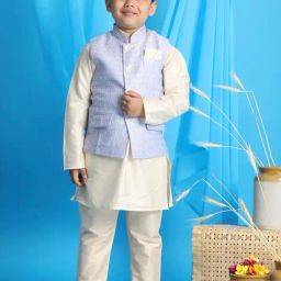 VASTRAMAY Boys Blue & Cream Self Full Sleeves Kurta Sets-image-96
