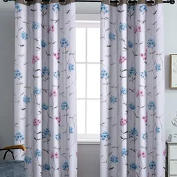 Aura White & Blue Set of 2 Floral Black Out Long Door Curtain-image-63