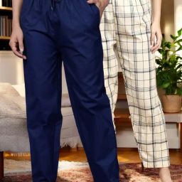 Kryptic Blue & Off White Cotton Relaxed Fit Printed Lounge Pants - Pack of 2-image-74