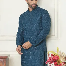 Anouk Blue Floral Embroidered Mandarin Collar Sequinned Straight Kurta-image-72
