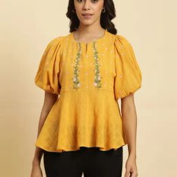 W Yellow Cotton Embroidered Top-image-37