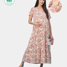 ECOMAMA Organic Cotton & Bamboo Antimicrobial Half Sleeves Maternity Nighty Flowers Print - Peach-image-90