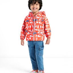 Babyoye Inner Sherpa Lined Full Sleeves Hooded Jacket With Shapes Print - White & Orange-9