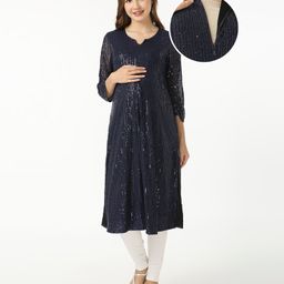 Bella Mama Woven Three Fourth Sleeves Over Sequin Maternity Kurta - Navy Blue-image-78