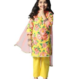 BIBA Three Fourth Sleeves Floral Printed & Gota Lace Embellished Kurta Pants & Dupatta - Yellow-image-99