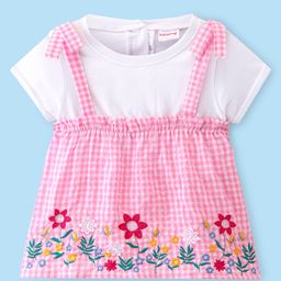 Babyhug Seer Sucker Woven Half Sleeves Checks Top Floral Embroidery- Pink & White-image-27