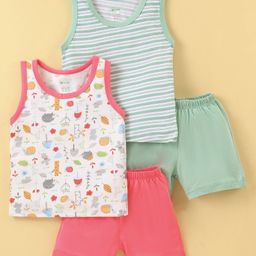 OHMS Cotton Knit Single Jersey Sleeveless Night Suit With Striped & Jungle Print Pack Of 2 - Pink & Green-image-37