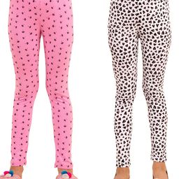Kids Cave Pack Of 2 Cotton Jersey Abstract Design & Heart Printed Leggings - Pink & White-image-76