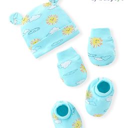Babyoye 100% Oragnic Cotton with Eco Jiva Finish Cap Mitten & Booties Set Cloud & Sun Print- Blue-image-10