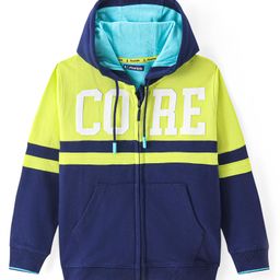 Pine Kids Cotton Knit Full Sleeves Front Open Hooded Sweatjacket with Text Print & Kangaroo Pockets - Navy Blue & Lime Green-image-52