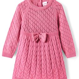 Babyhug Knitted Full Sleeves Pullover Woollen Dress With Cable Knit Design & Bow Applique - Pink-image-63