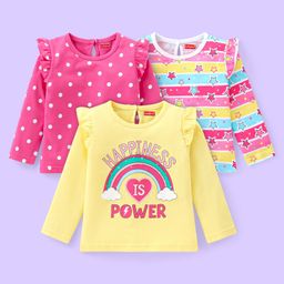Babyhug Cotton Knit Full Sleeves Tops With Polka Dots & Star Print Pack of 3 - Pink Yellow & White-image-68