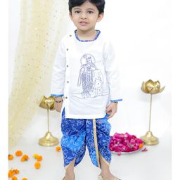 KID1 Janmastami Theme Cotton Full Sleeves Krishna Embroidered Kurta With Bandhani Printed & Lace Detailed Dhoti Set - White & Blue-image-81