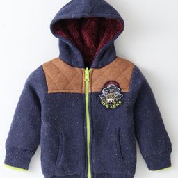 Yellow Apple Cotton Knit Full Sleeves Front Open Hooded Sweater With Cut & Sew & Patch Detailing - Navy Blue-image-41