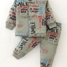 Doreme Interlock Full Sleeves Winter Wear Front Open T-Shirt & Lounge Pant Co-Ords Set with Text Print - Olive Green-image-64