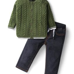 Babyhug Knitted Full Sleeves Solid Colour Front Open Sweater with Pant Set Cable Knit Design - Olive Green-12