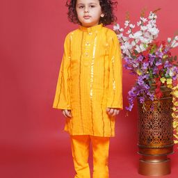 Little Bansi Full Sleeves Striped Foil Printed Kurta With Coordinating Solid Pyjama Set - Yellow-image-55
