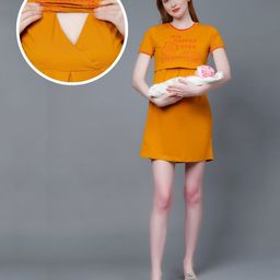 True Shape Half Sleeves Typography Printed Maternity Dress With Two Layer Lift Nursing Access - Mustard-image-82