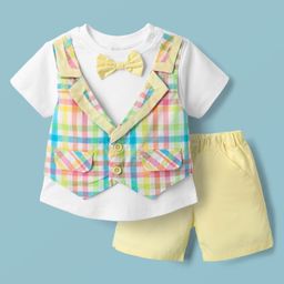 ToffyHouse Cotton Knit Half Sleeves T-Shirt & Shorts With Attached Checks Waistcoat & Bow Applique - Multicolor-image-68