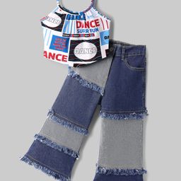 OLLINGTON ST. Cotton Sleeveless Text Printed Top & Denim Color Blocked Pants Set -Multicolor & Indigo-image-64