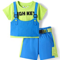 Ollington St.Cotton Set of Sleeveless Vest & Shorts with Printed Top - Light Green & Blue-image-48