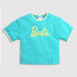 Barbie by Tiny Girl Cotton Mattel Featuring Half Sleeves Barbie Logo Printed Top - Teal Green-image-77