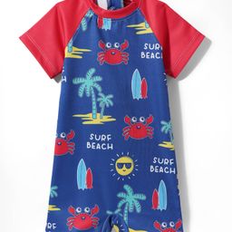 Babyhug Water Resistant Half Raglan Sleeves Legged Swim Suit With Beach Theme Print - Navy Blue & Red-image-64