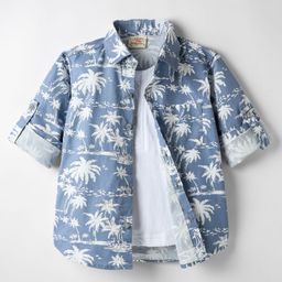 Rikidoos Cotton Full Sleeves Palm Trees Printed Shirt With Attached Tee - Light Blue & White-image-50