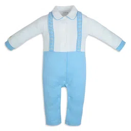 My Milestones Full Sleeves Solid Romper With Attached Straps - Blue & White-picture-45