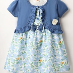 Dew Drops Cotton Woven Half Sleeves Frock with Attached Shrug Floral Print & Bow Applique - Light Blue-image-65
