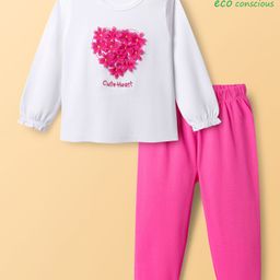 Babyoye 100% Cotton Knit With Eco Jiva Finish Full Sleeves T-Shirt & Lounge Pant Set With Floral Applique - White & Pink-image-27