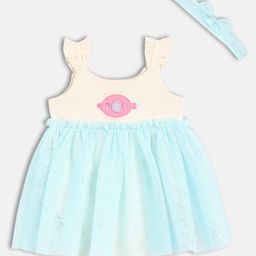 MINI KLUB Cotton Knit Frill Sleeves Fish Patch Detailed Frock Style Onesie With Headband - Blue-image-41
